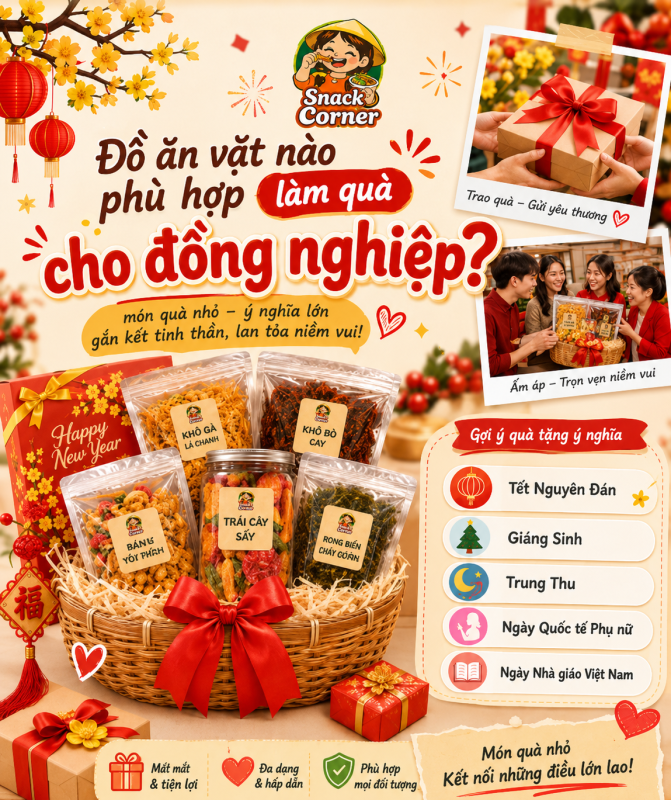 Đồ ăn vặt nào phù hợp làm quà cho đồng nghiệp? bạn hãy giúp tôi thay tiều đề trên vào ảnh đi